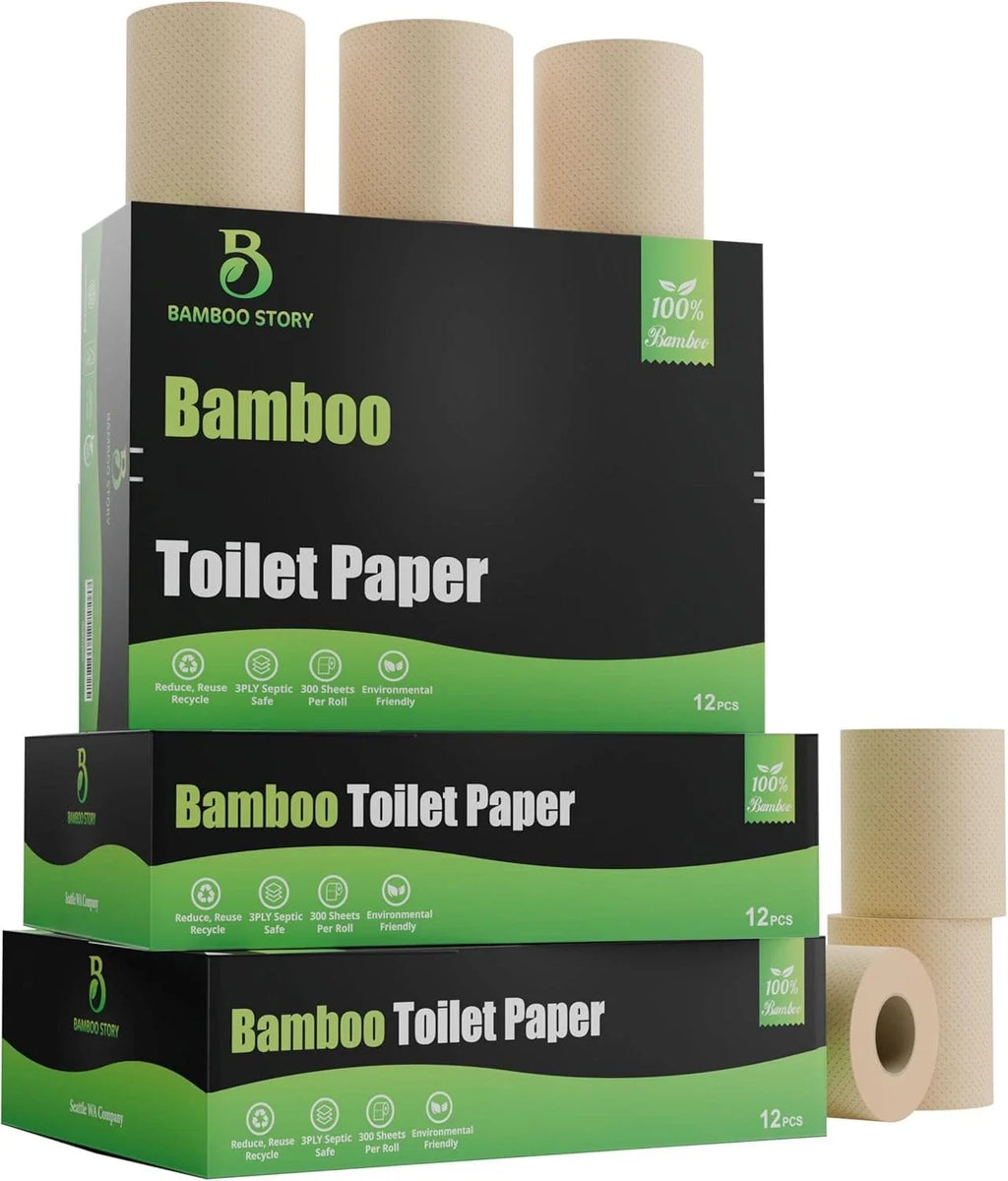Bamboo Toilet Paper Unbleached, 12 Rolls, 3 Ply and 300 Sheets Bamboo Toilet Tis